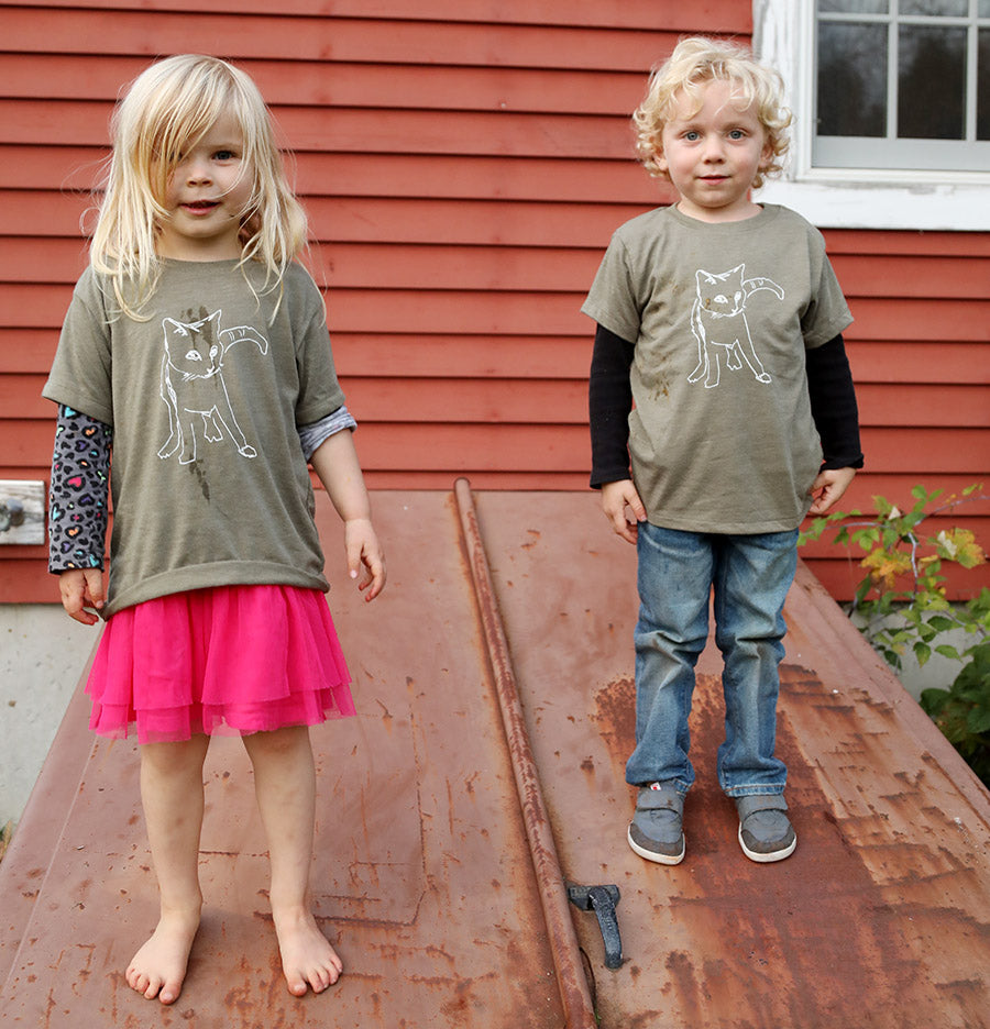 Cat Kids Size Super Soft Tee in Olive, Mauve or Salmon